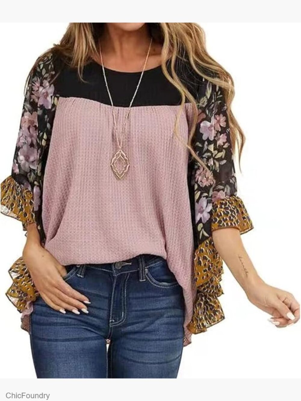 Floral Printed 3/4 Sleeve Batwing Blouse Loose Fit Pullover Top
